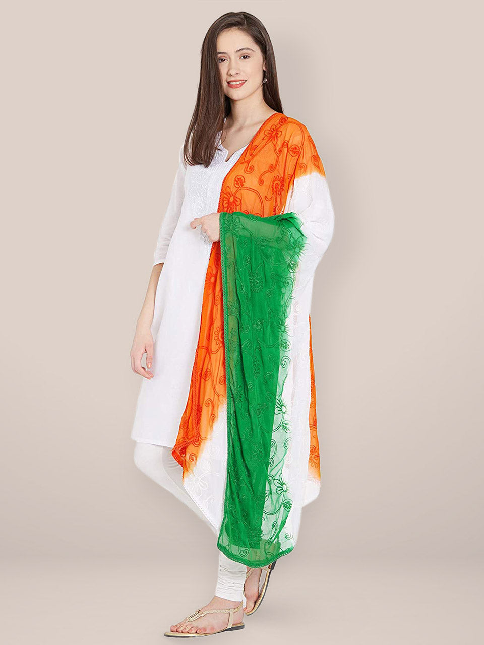 Tri Colour/Tiranga Chiffon Dupatta with Embroidery freeshipping - Dupatta Bazaar