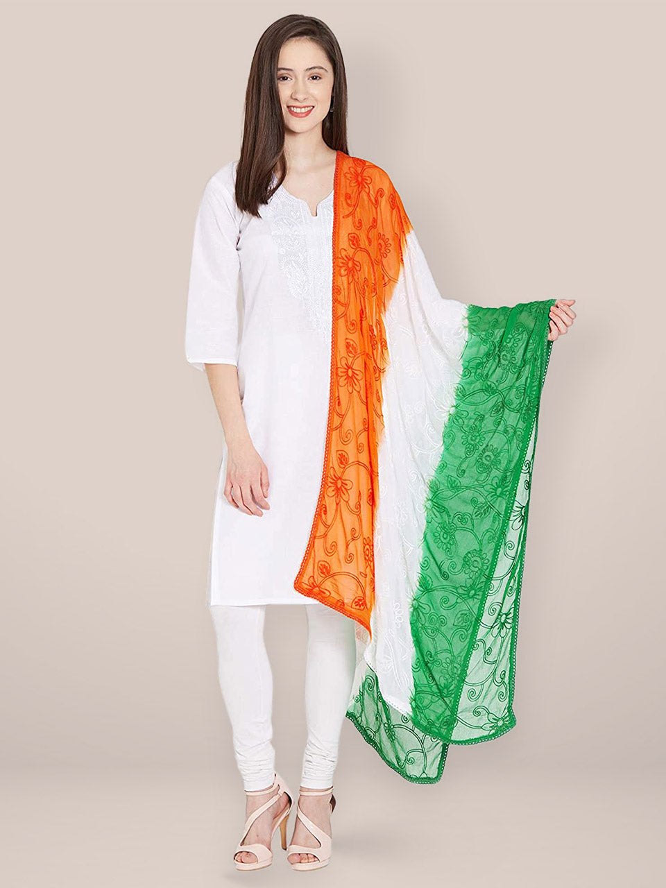 Tri Colour/Tiranga Chiffon Dupatta with Embroidery freeshipping - Dupatta Bazaar
