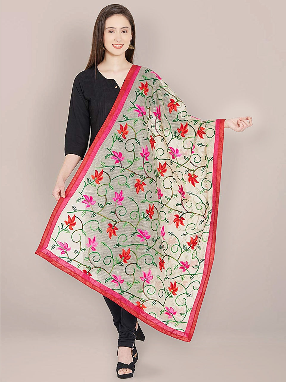 Beige Dupatta with Multicolour Embroidery. freeshipping - Dupatta Bazaar