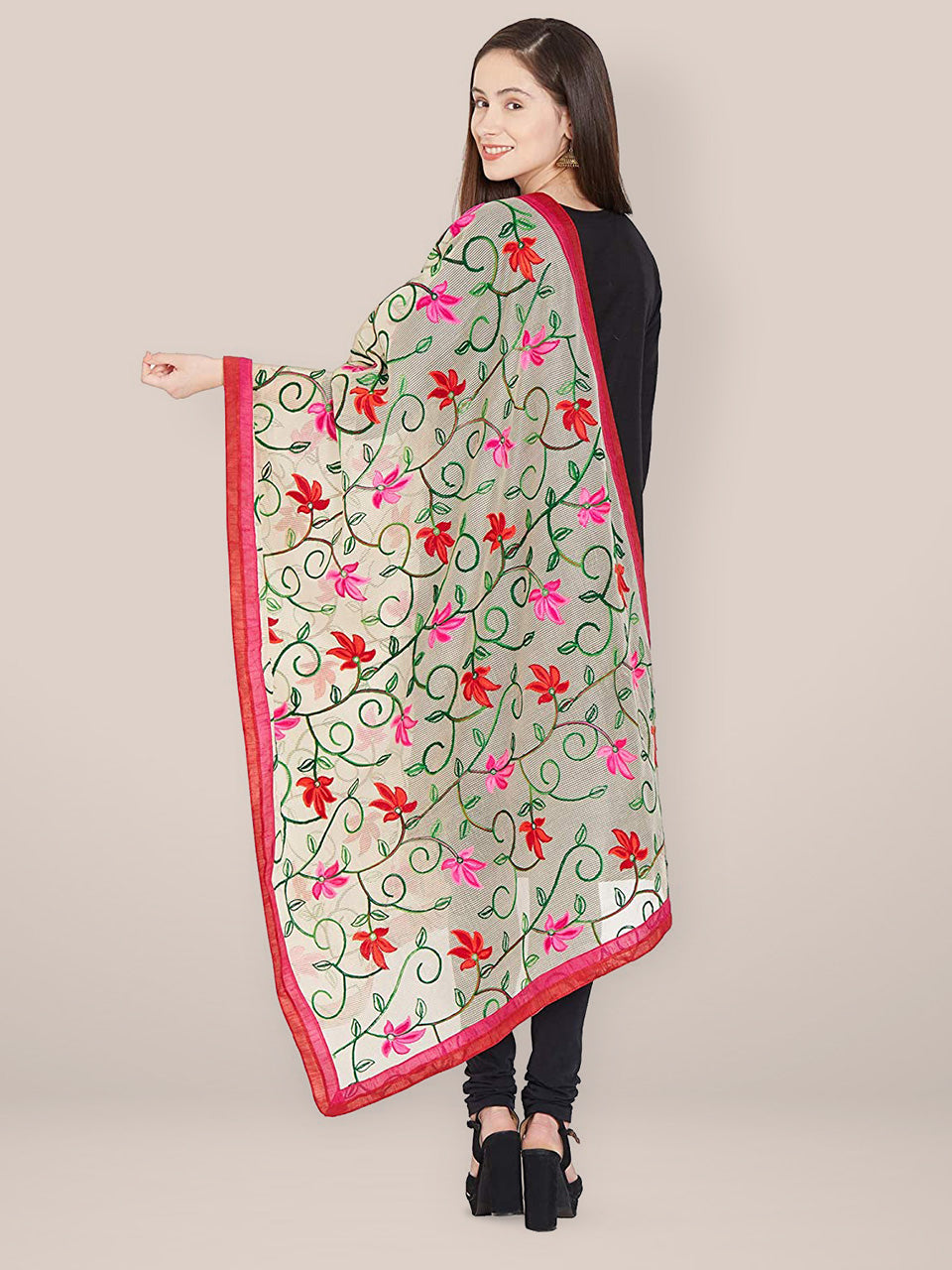 Beige Dupatta with Multicolour Embroidery. freeshipping - Dupatta Bazaar