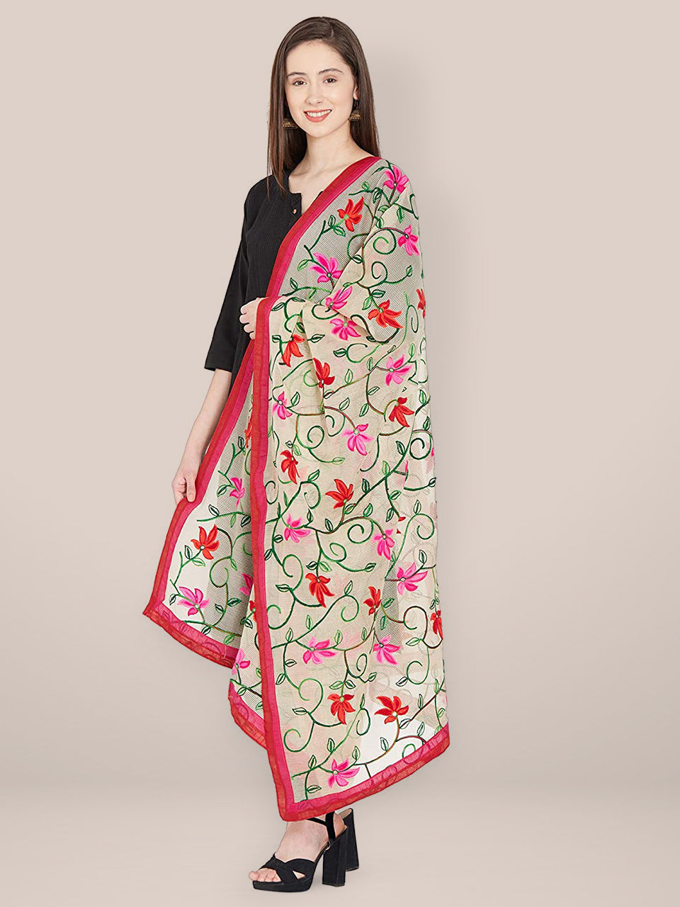 Beige Dupatta with Multicolour Embroidery. freeshipping - Dupatta Bazaar