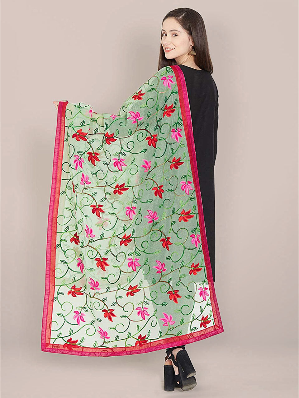 Green Dupatta with Multicolour Embroidery. freeshipping - Dupatta Bazaar
