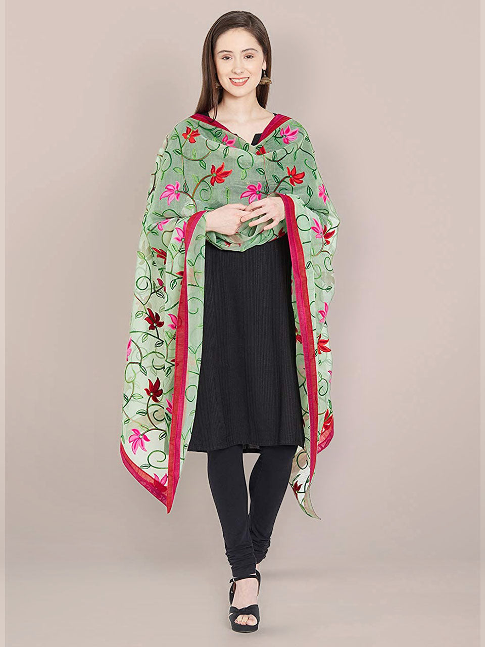 Green Dupatta with Multicolour Embroidery. freeshipping - Dupatta Bazaar