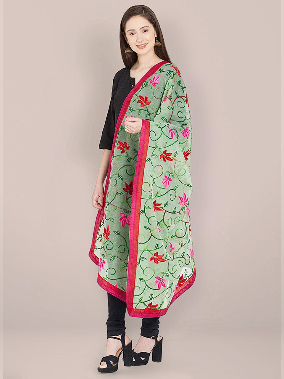Green Dupatta with Multicolour Embroidery. freeshipping - Dupatta Bazaar