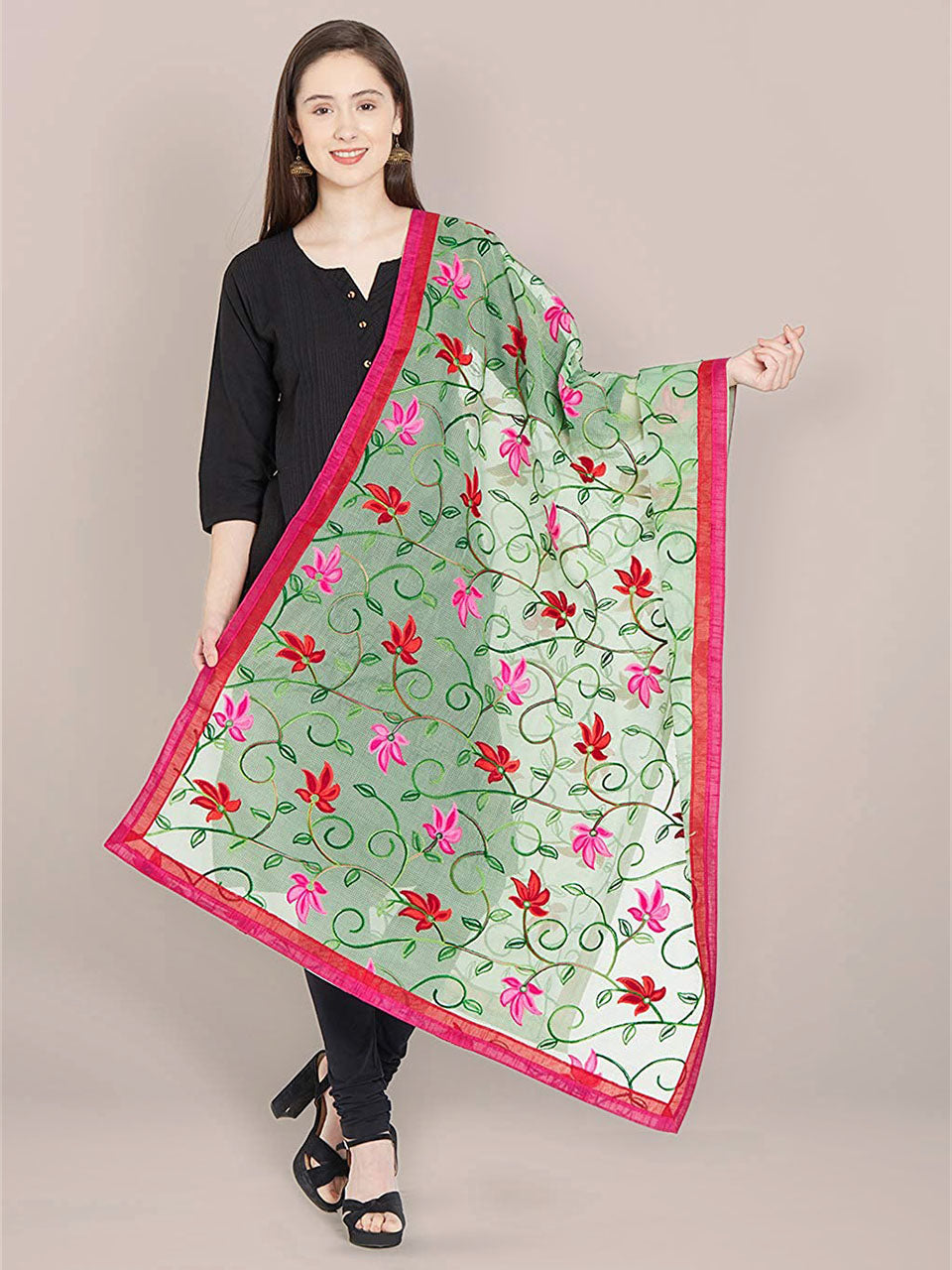 Green Dupatta with Multicolour Embroidery. freeshipping - Dupatta Bazaar
