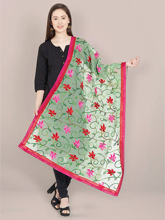 Green Dupatta with Multicolour Embroidery. freeshipping - Dupatta Bazaar