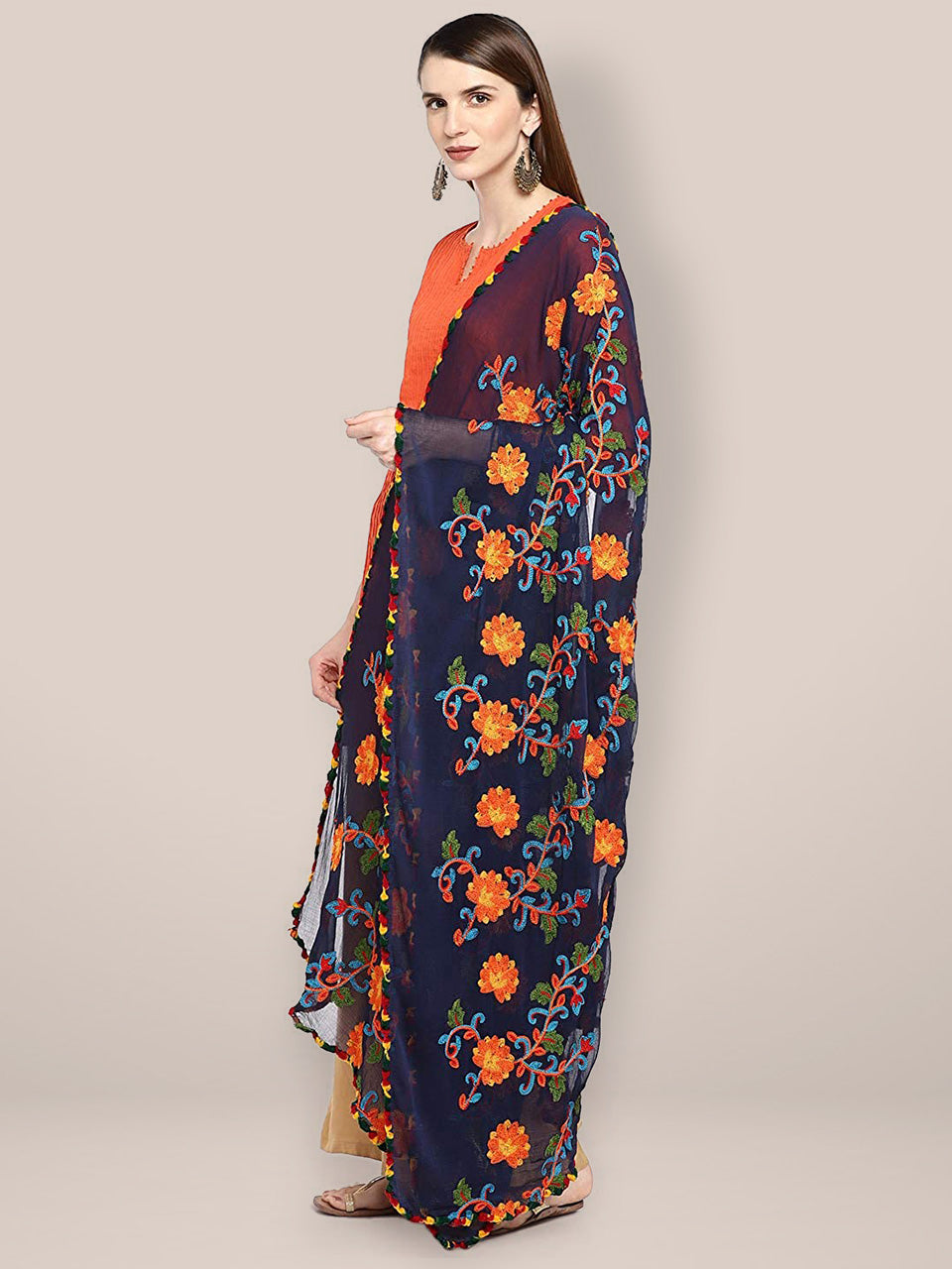 Navy Blue & Multicoloured Embroidered Chiffon Dupatta freeshipping - Dupatta Bazaar