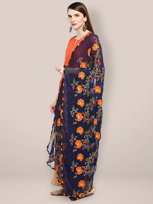 Navy Blue & Multicoloured Embroidered Chiffon Dupatta freeshipping - Dupatta Bazaar