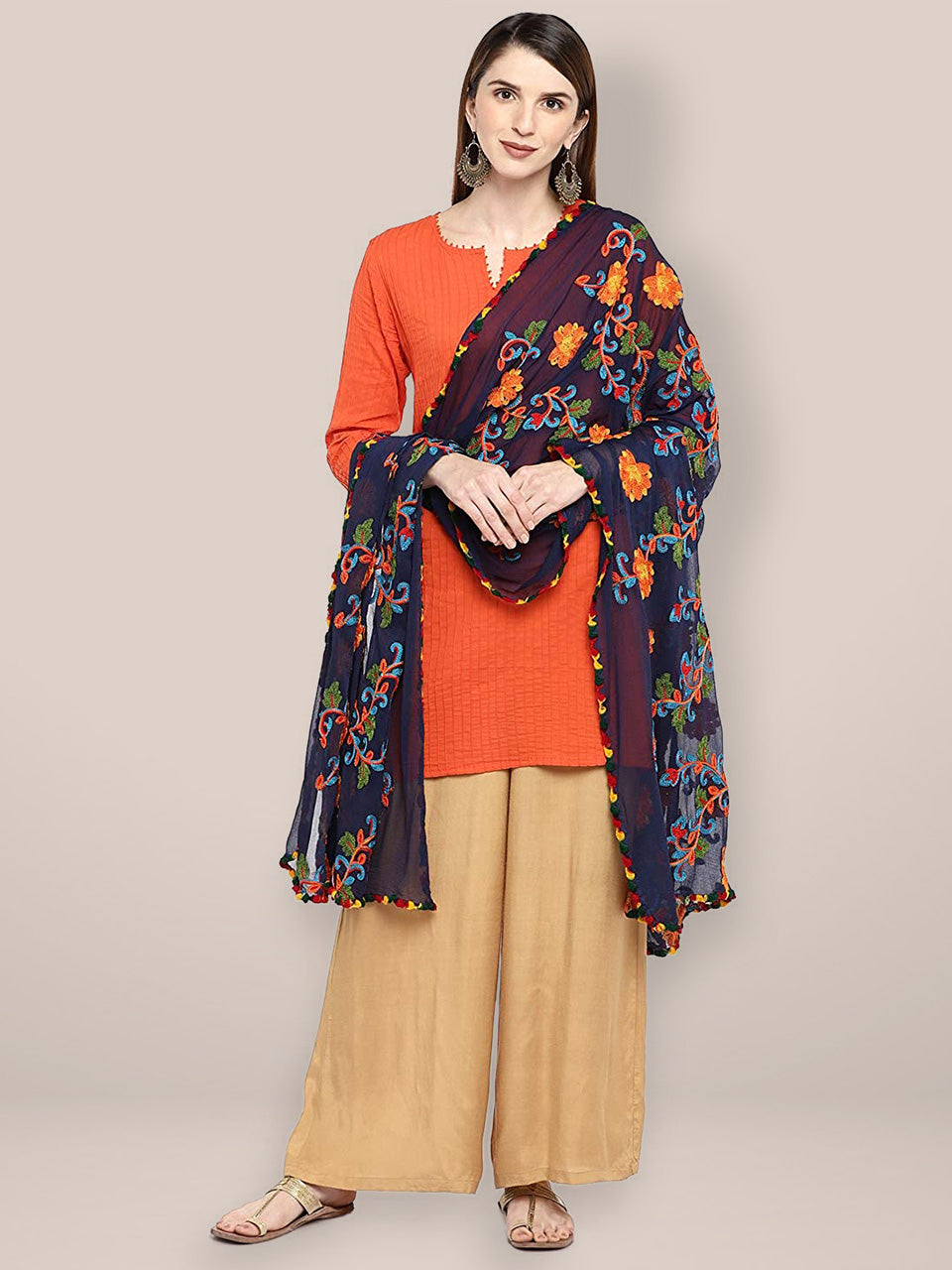 Navy Blue & Multicoloured Embroidered Chiffon Dupatta freeshipping - Dupatta Bazaar