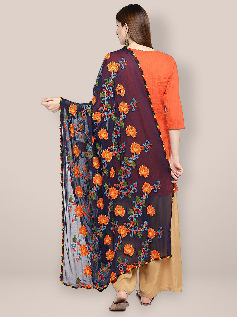 Navy Blue & Multicoloured Embroidered Chiffon Dupatta freeshipping - Dupatta Bazaar