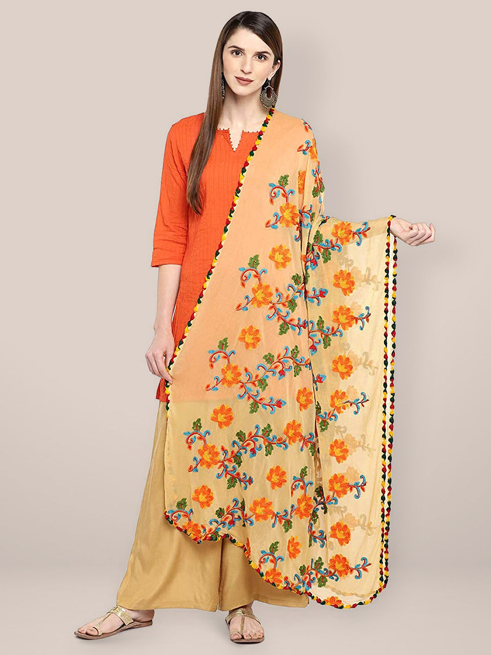 Beige & Multicoloured Embroidered Chiffon Dupatta freeshipping - Dupatta Bazaar