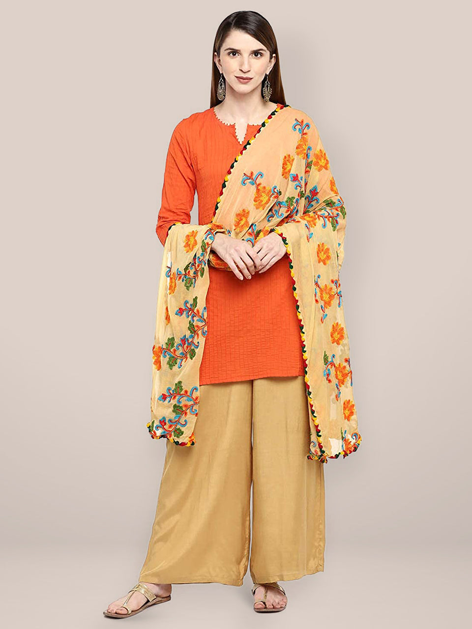 Beige & Multicoloured Embroidered Chiffon Dupatta freeshipping - Dupatta Bazaar