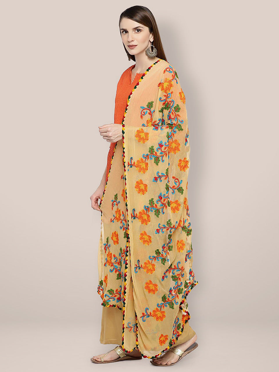 Beige & Multicoloured Embroidered Chiffon Dupatta freeshipping - Dupatta Bazaar