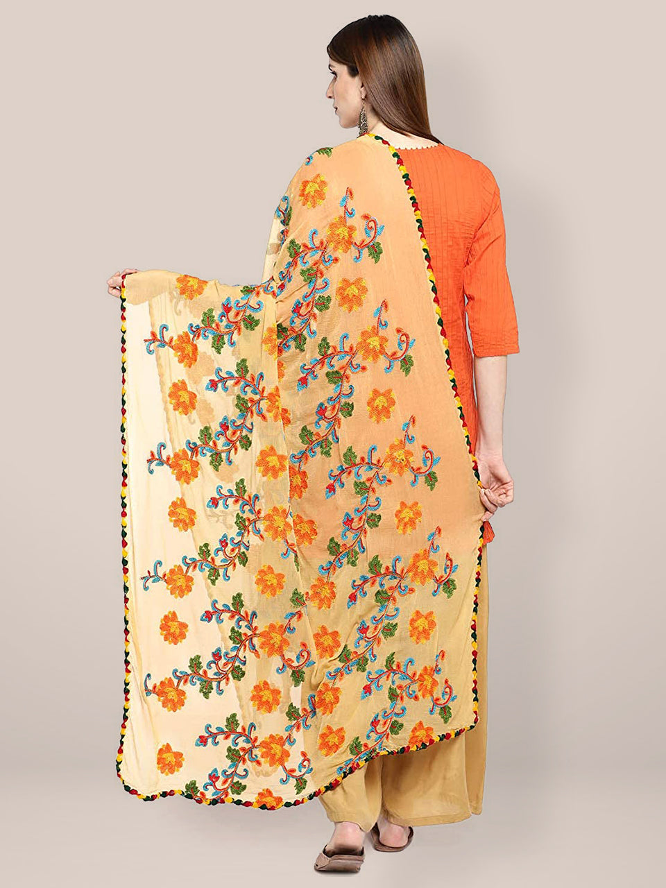 Beige & Multicoloured Embroidered Chiffon Dupatta freeshipping - Dupatta Bazaar