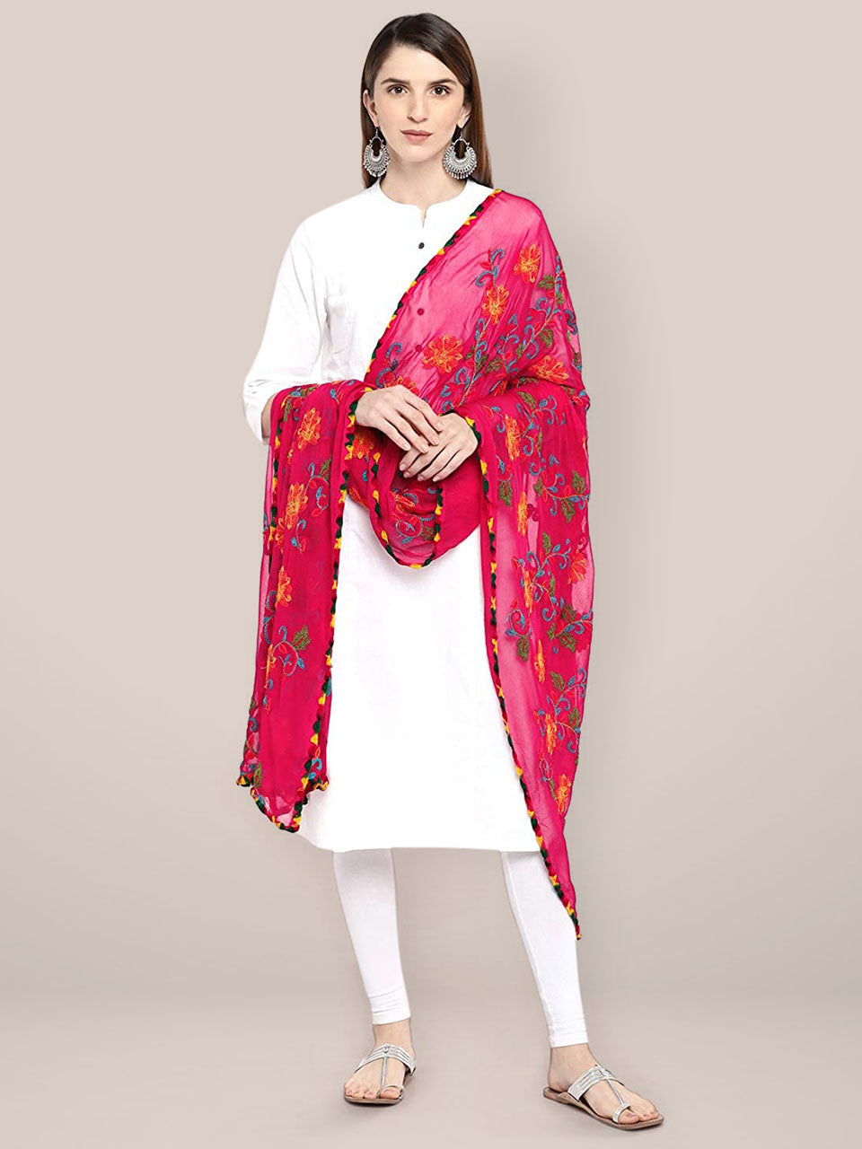 Pink & Multicoloured Embroidered Chiffon Dupatta freeshipping - Dupatta Bazaar