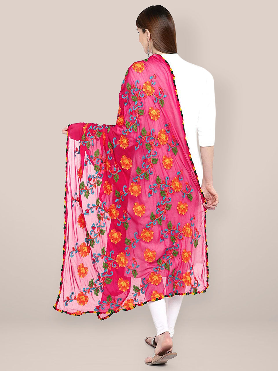 Pink & Multicoloured Embroidered Chiffon Dupatta freeshipping - Dupatta Bazaar