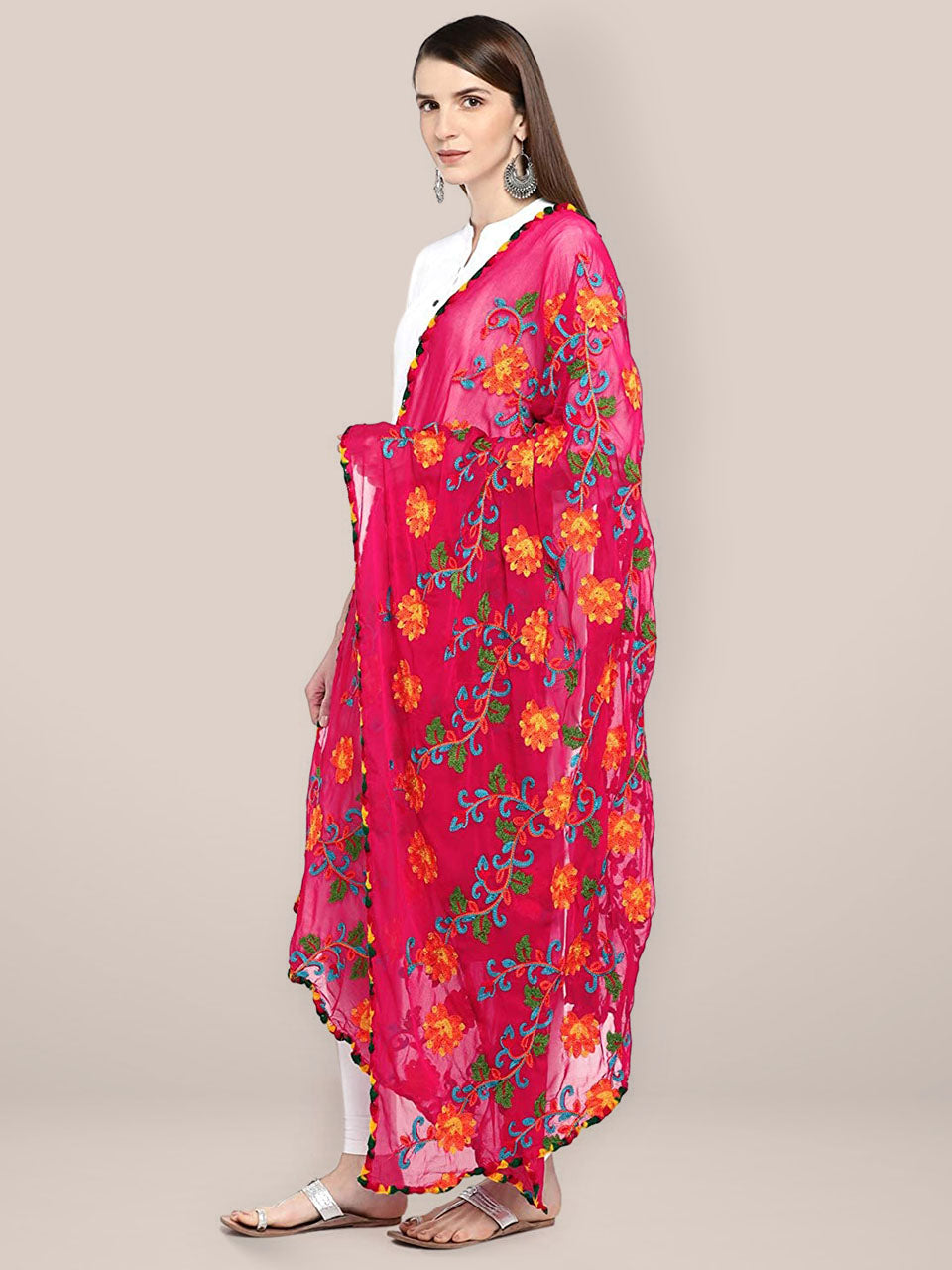 Pink & Multicoloured Embroidered Chiffon Dupatta freeshipping - Dupatta Bazaar
