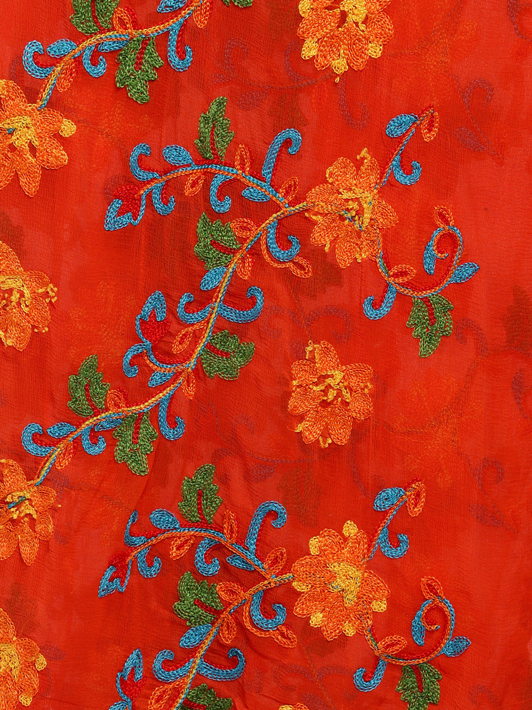 Dupatta Bazaar Woman's Orange & Multicoloured Embroidered Chiffon Dupatta - Dupatta Bazaar