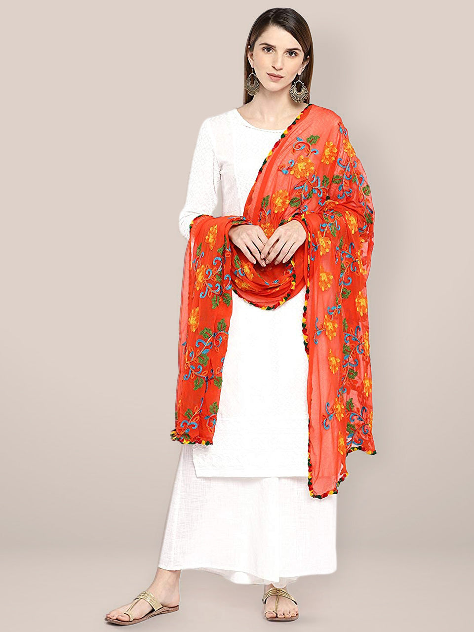 Orange & Multicoloured Embroidered Chiffon Dupatta freeshipping - Dupatta Bazaar