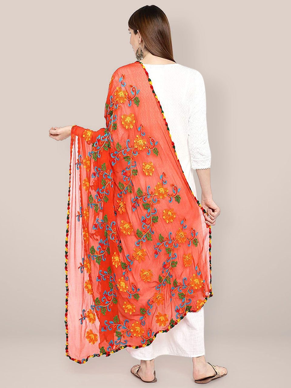 Orange & Multicoloured Embroidered Chiffon Dupatta freeshipping - Dupatta Bazaar