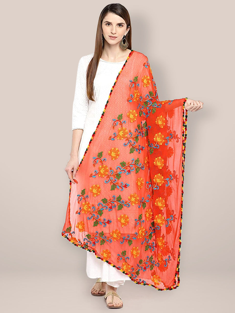 Orange & Multicoloured Embroidered Chiffon Dupatta freeshipping - Dupatta Bazaar