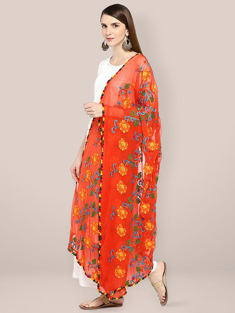Orange & Multicoloured Embroidered Chiffon Dupatta freeshipping - Dupatta Bazaar