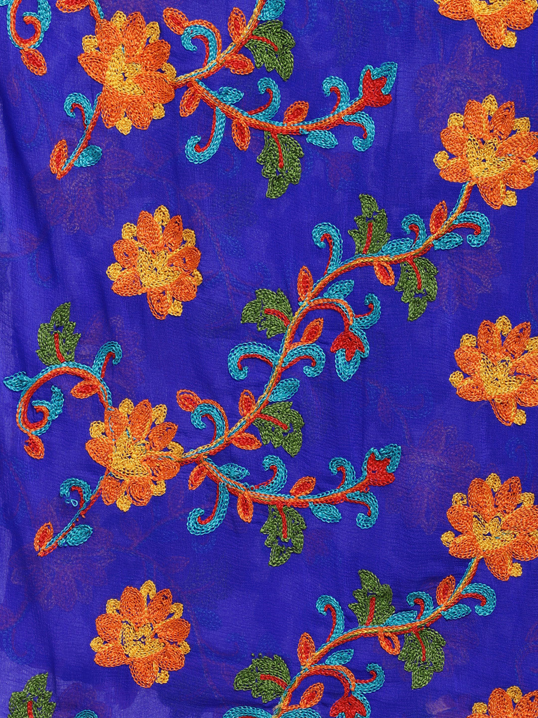 Dupatta Bazaar Woman's Royal Blue & Multicoloured Embroidered Chiffon Dupatta - Dupatta Bazaar