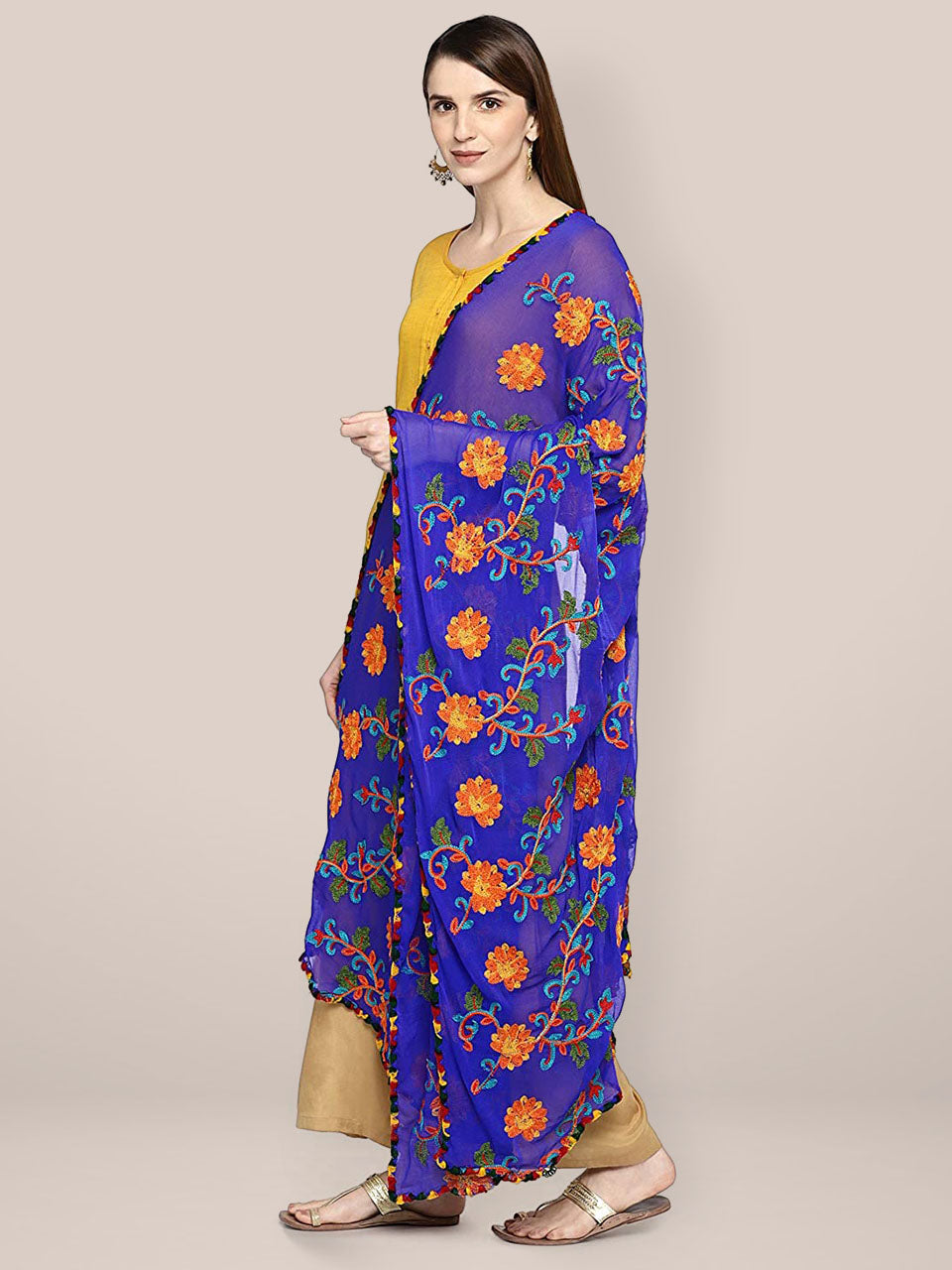 Royal Blue & Multicoloured Embroidered Chiffon Dupatta freeshipping - Dupatta Bazaar