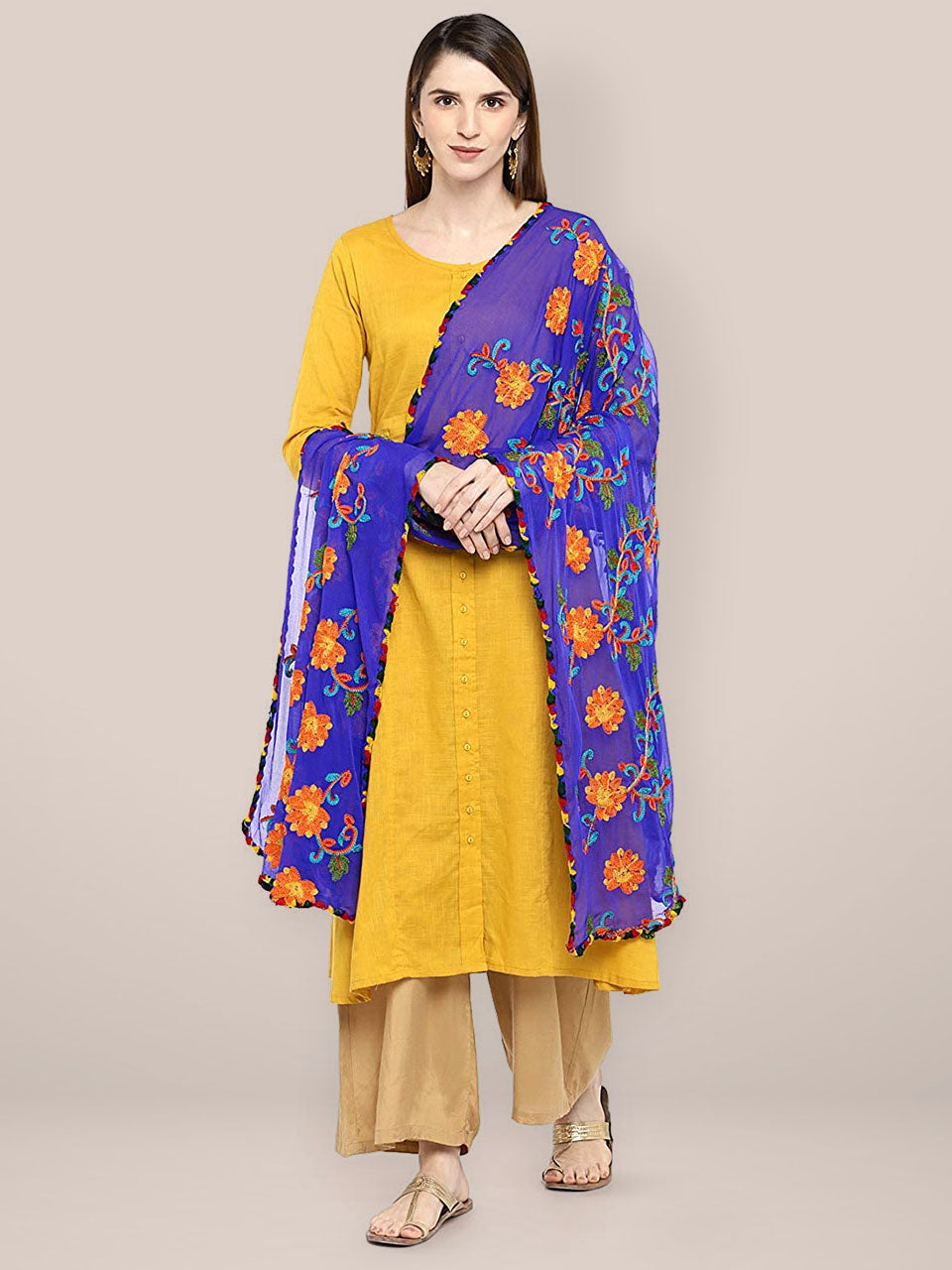 Royal Blue & Multicoloured Embroidered Chiffon Dupatta freeshipping - Dupatta Bazaar