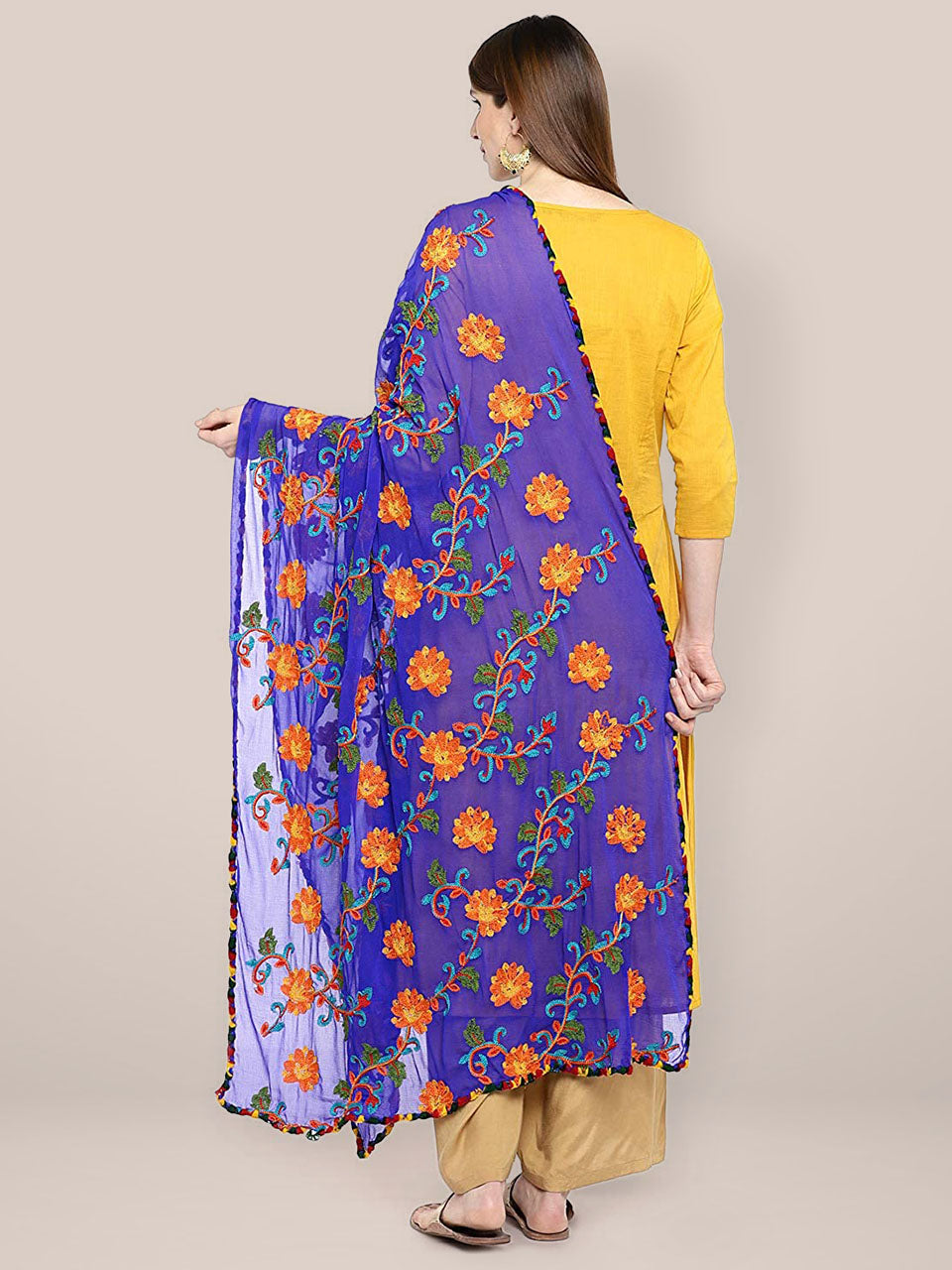 Royal Blue & Multicoloured Embroidered Chiffon Dupatta freeshipping - Dupatta Bazaar