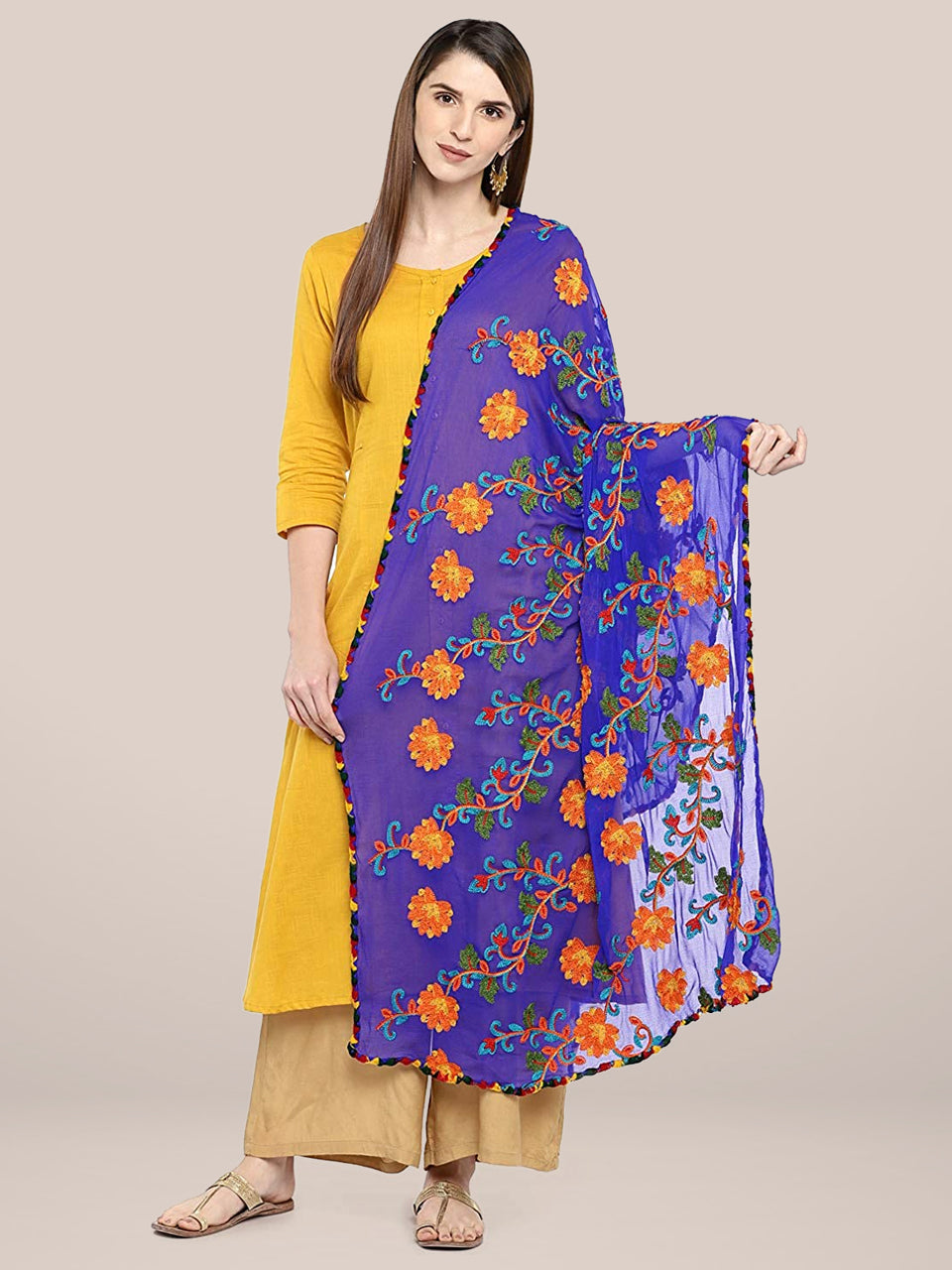 Royal Blue & Multicoloured Embroidered Chiffon Dupatta freeshipping - Dupatta Bazaar
