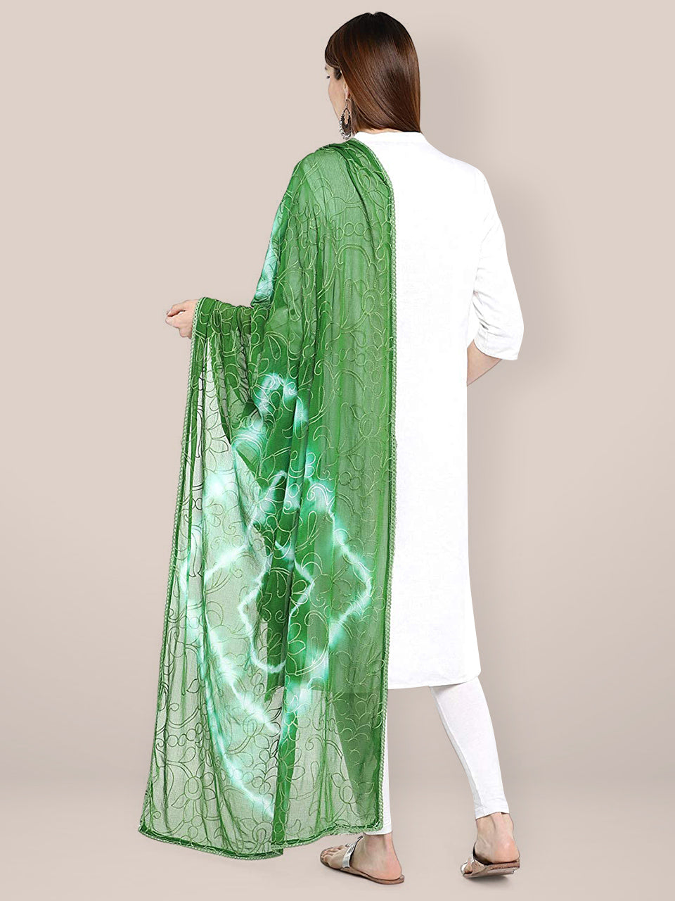 Green & White Embroidered Chiffon Dupatta freeshipping - Dupatta Bazaar