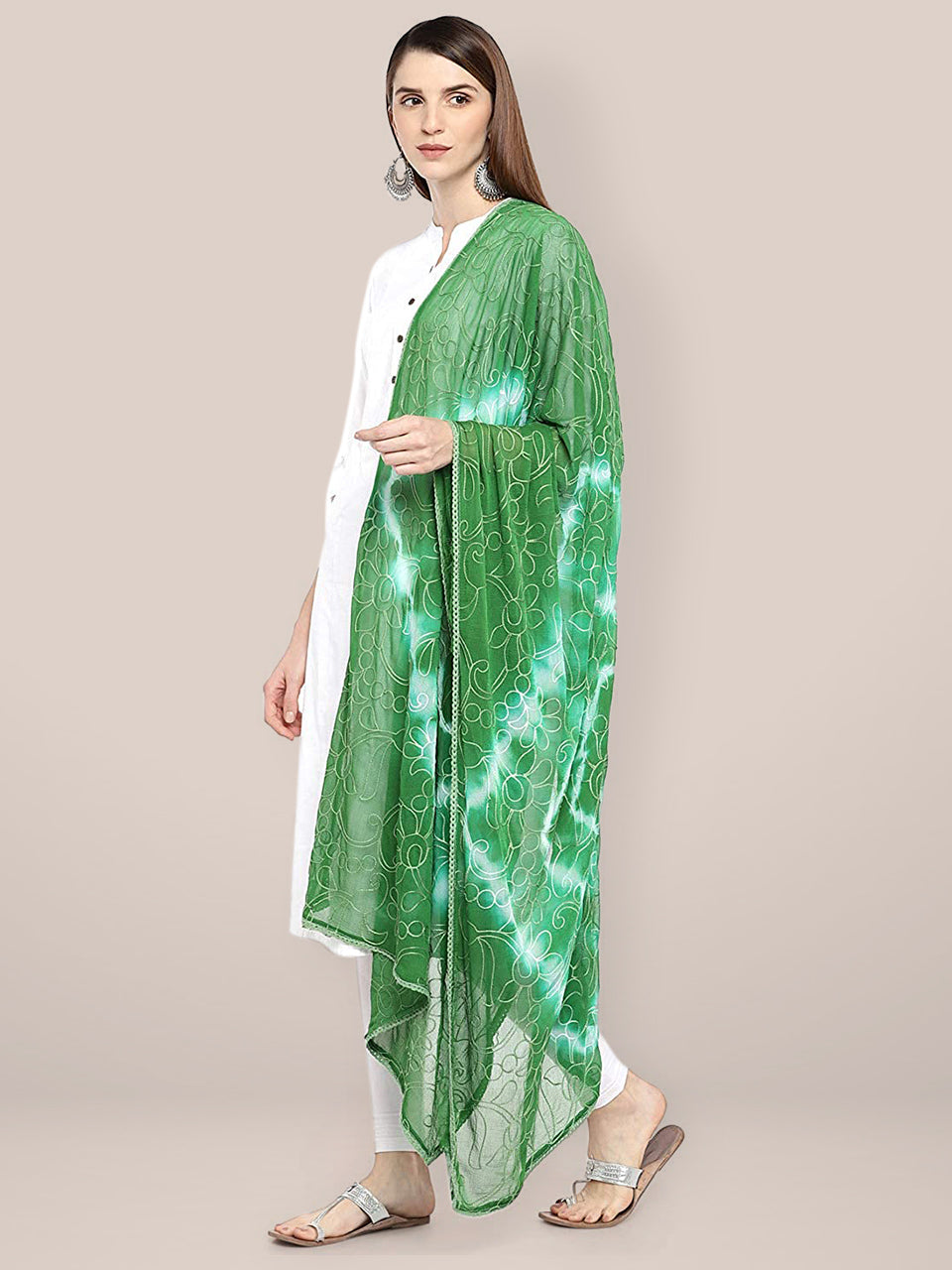 Green & White Embroidered Chiffon Dupatta freeshipping - Dupatta Bazaar