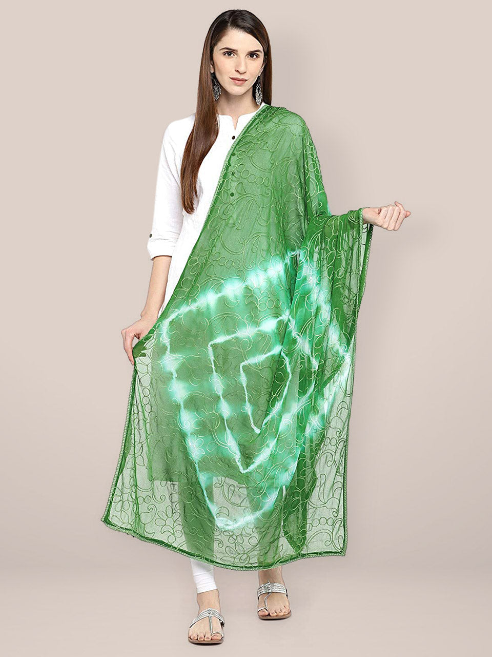 Green & White Embroidered Chiffon Dupatta freeshipping - Dupatta Bazaar