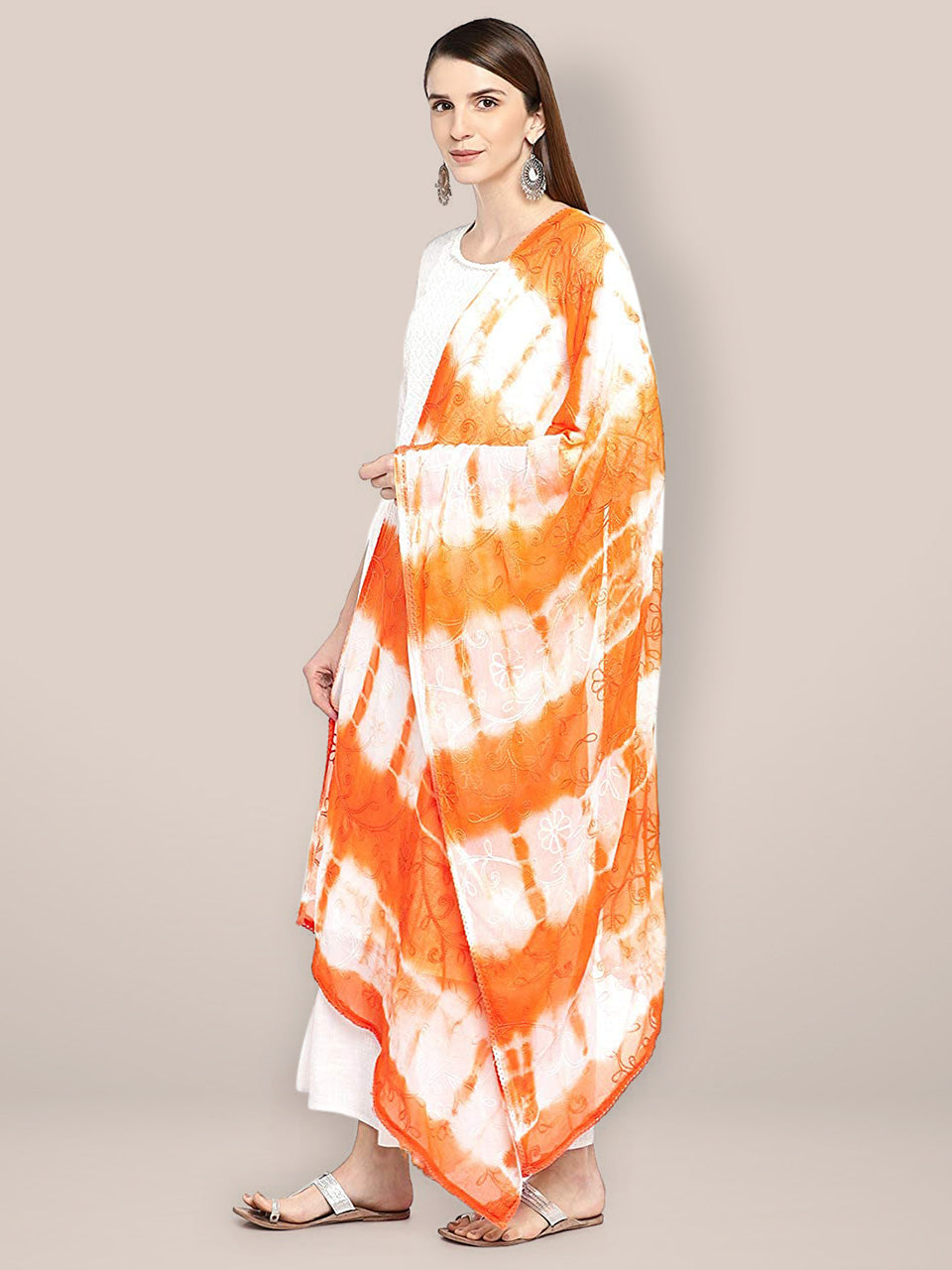 Orange & White Embroidered Chiffon Dupatta freeshipping - Dupatta Bazaar