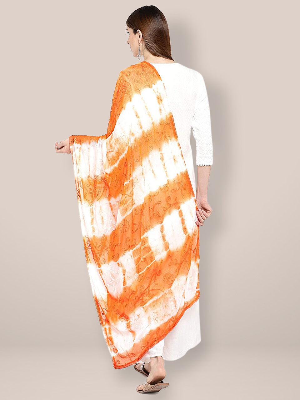 Orange & White Embroidered Chiffon Dupatta freeshipping - Dupatta Bazaar