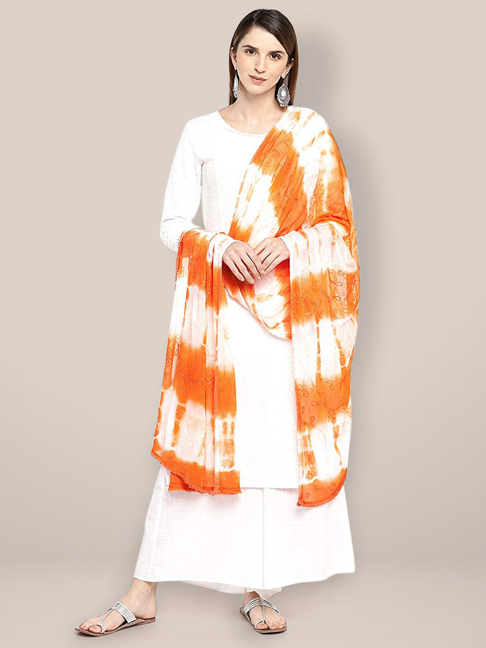 Orange & White Embroidered Chiffon Dupatta freeshipping - Dupatta Bazaar