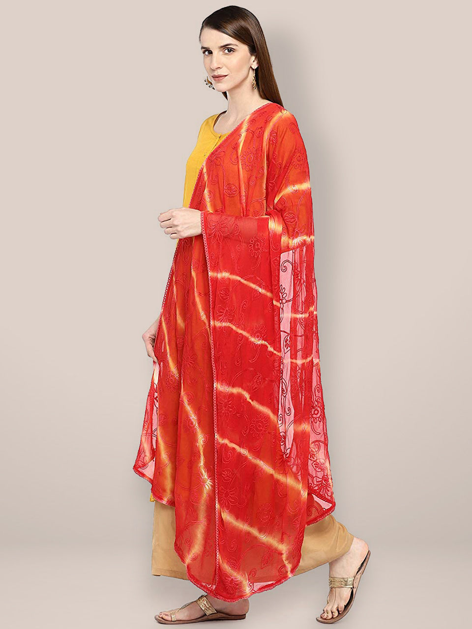 Red & Beige Embroidered Chiffon Dupatta freeshipping - Dupatta Bazaar