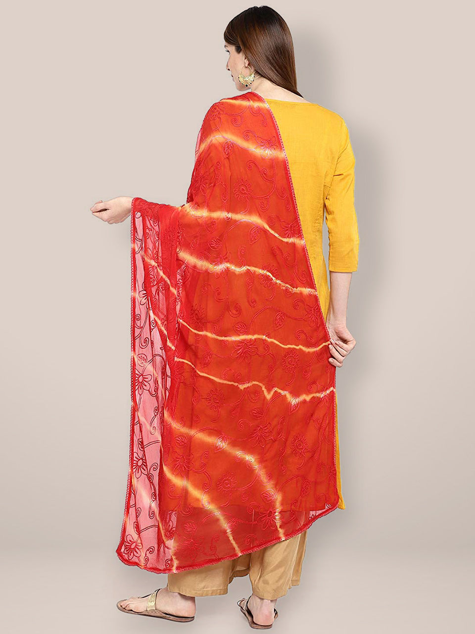 Red & Beige Embroidered Chiffon Dupatta freeshipping - Dupatta Bazaar