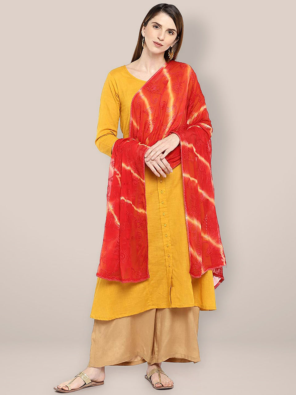 Red & Beige Embroidered Chiffon Dupatta freeshipping - Dupatta Bazaar