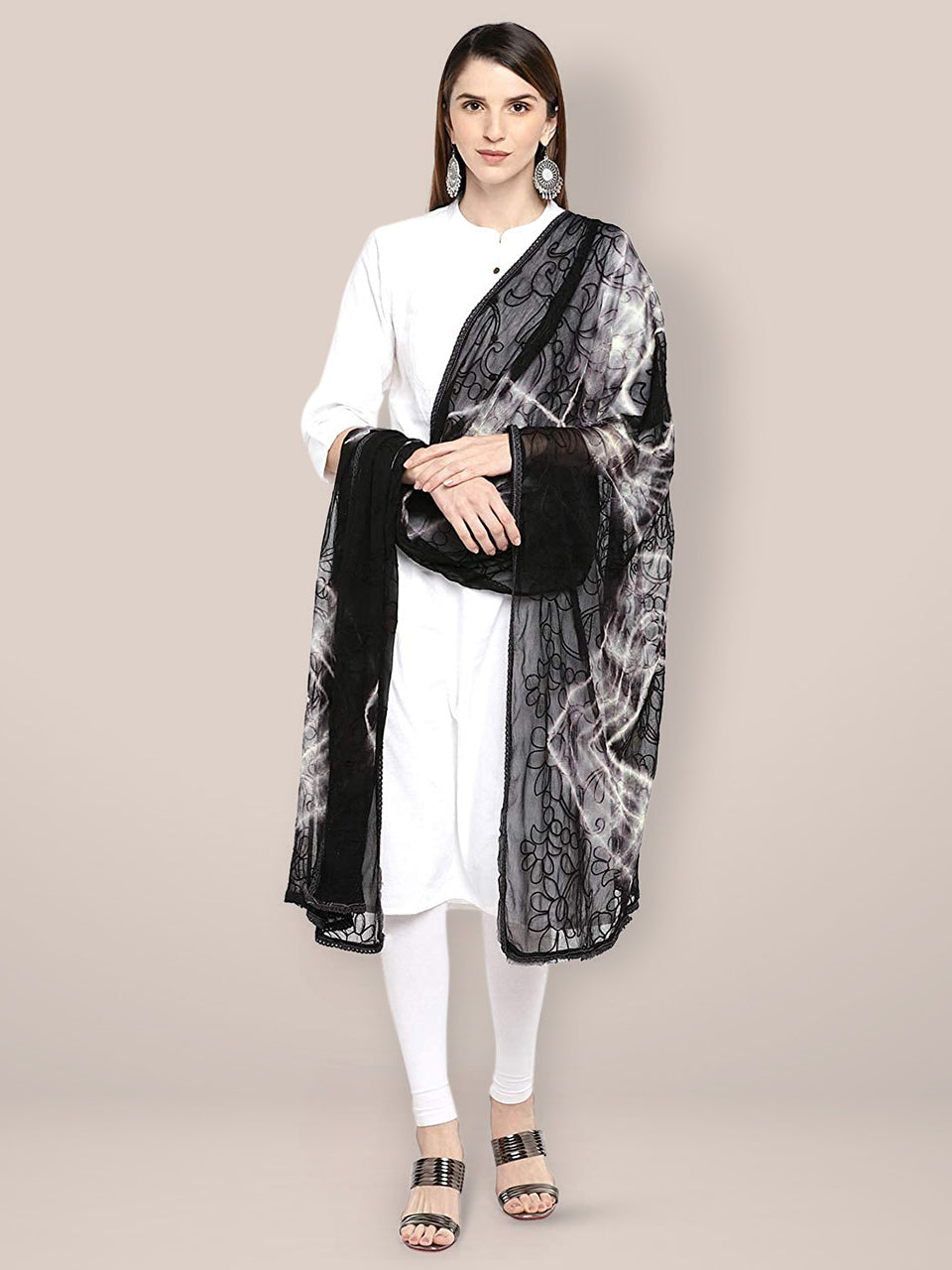 Black & White Embroidered Chiffon Dupatta freeshipping - Dupatta Bazaar