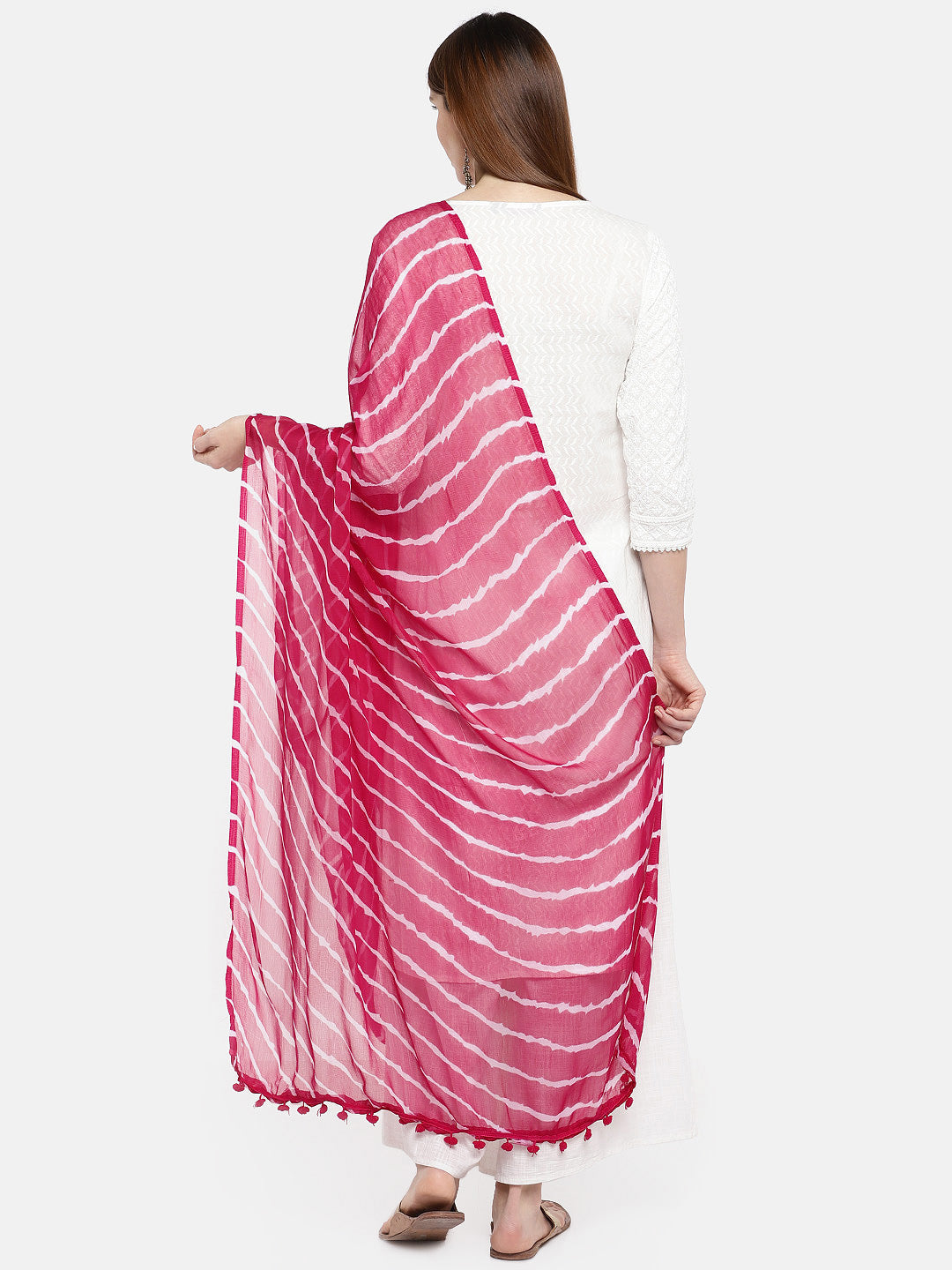 Dupatta Bazaar Woman's Pink & White Leheria Chiffon Dupatta - Dupatta Bazaar