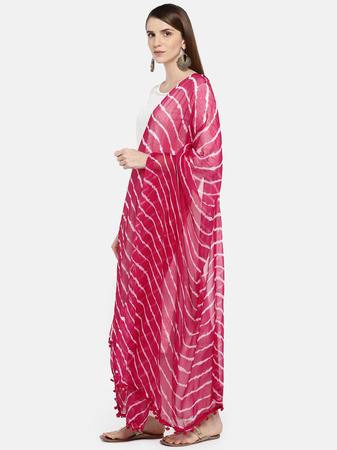 Dupatta Bazaar Woman's Pink & White Leheria Chiffon Dupatta - Dupatta Bazaar