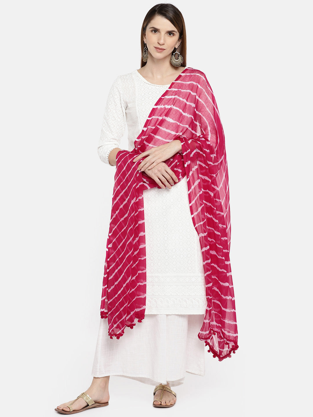 Dupatta Bazaar Woman's Pink & White Leheria Chiffon Dupatta - Dupatta Bazaar