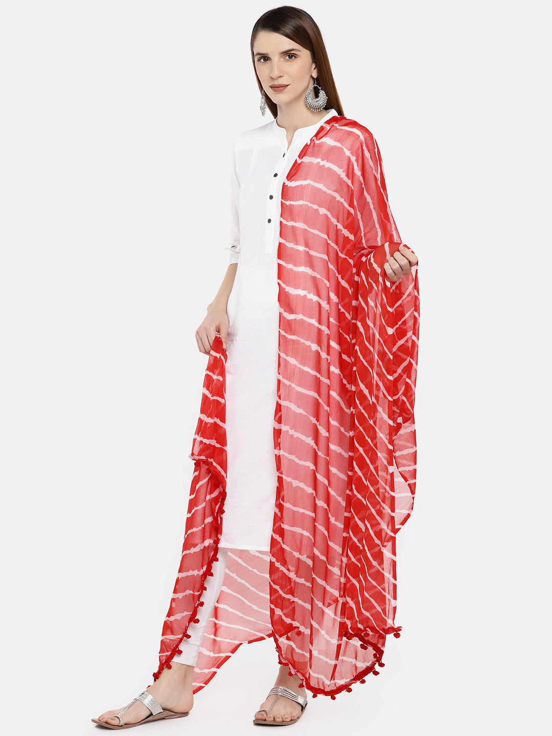 Dupatta Bazaar Woman's Red & White Leheria Chiffon Dupatta - Dupatta Bazaar