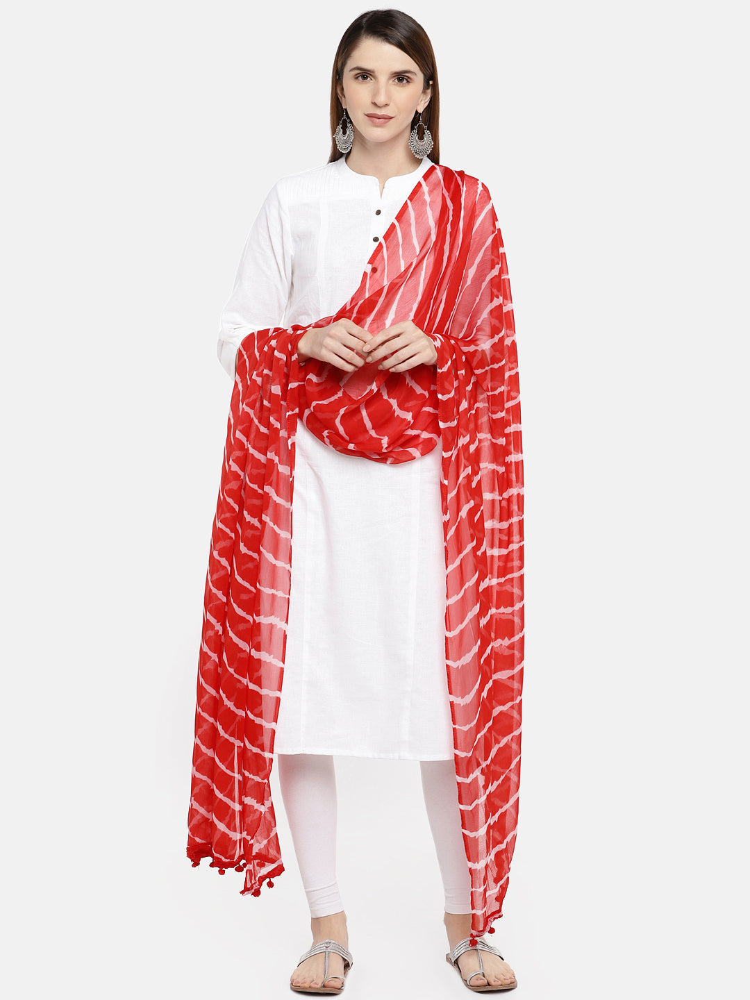 Dupatta Bazaar Woman's Red & White Leheria Chiffon Dupatta - Dupatta Bazaar
