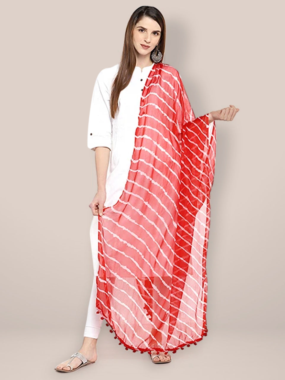 Red & White Leheria Chiffon Dupatta freeshipping - Dupatta Bazaar