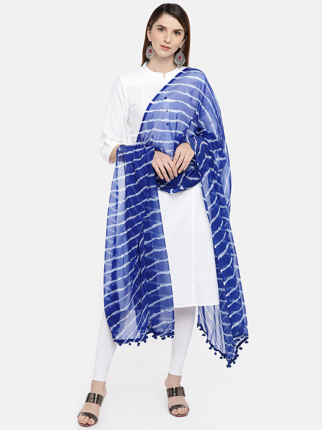 Dupatta Bazaar Woman's Blue & White Leheria Chiffon Dupatta - Dupatta Bazaar