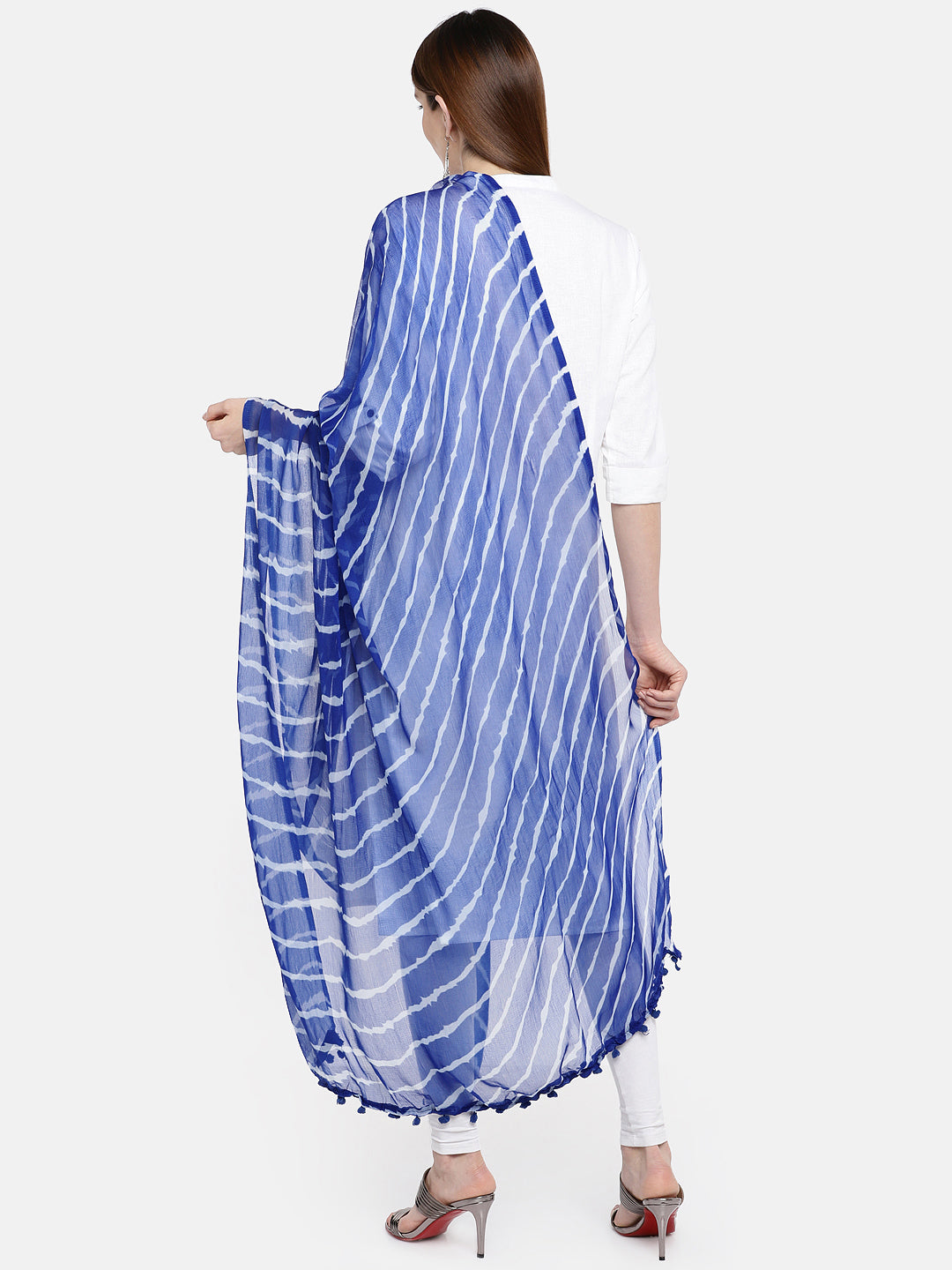Dupatta Bazaar Woman's Blue & White Leheria Chiffon Dupatta - Dupatta Bazaar