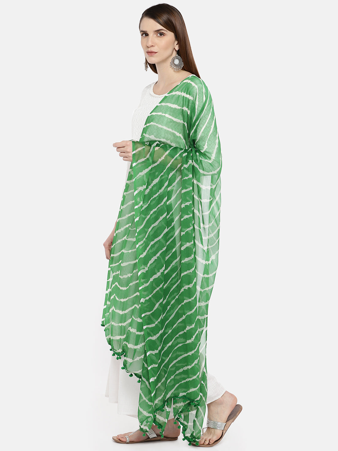 Dupatta Bazaar Woman's Green & White Leheria Chiffon Dupatta - Dupatta Bazaar